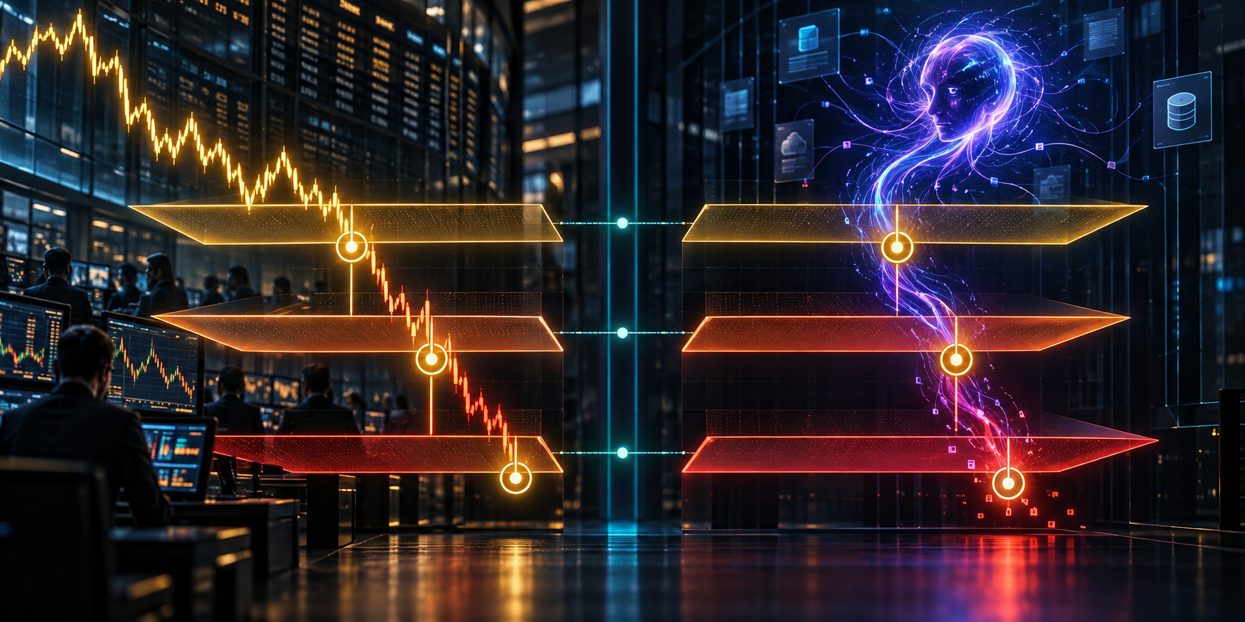 A trading-floor style visual where market circuit breaker thresholds glow as graduated levels, mirrored by matching agent runtime thresholds on the other side, showing the same pre-committed, automatic halt logic applied to AI agents.