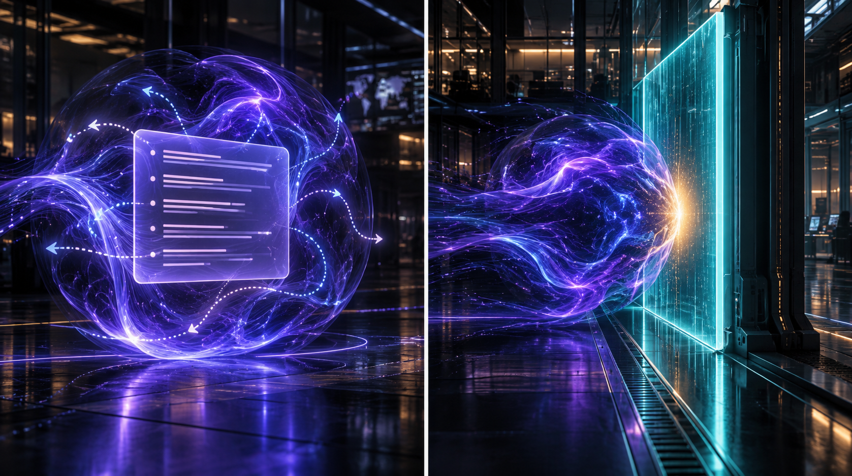 A split composition showing an AI agent reading a glowing list of written rules on one side, and on the other side the same agent stopped cold at a solid enforcement barrier that sits entirely outside the agent's own processing space.