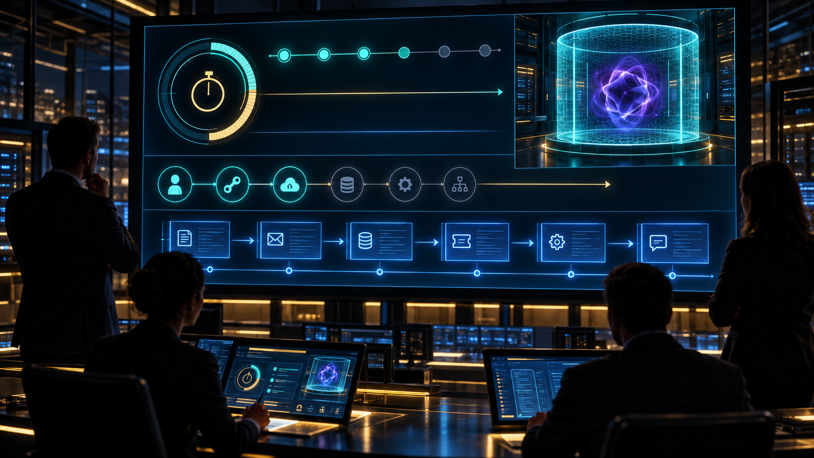 A calm incident-drill scene where a team runs a scheduled agent containment exercise, with a timer measuring detection and stop time, credential revocation status lights, and an evidence trail being replayed on a large screen.