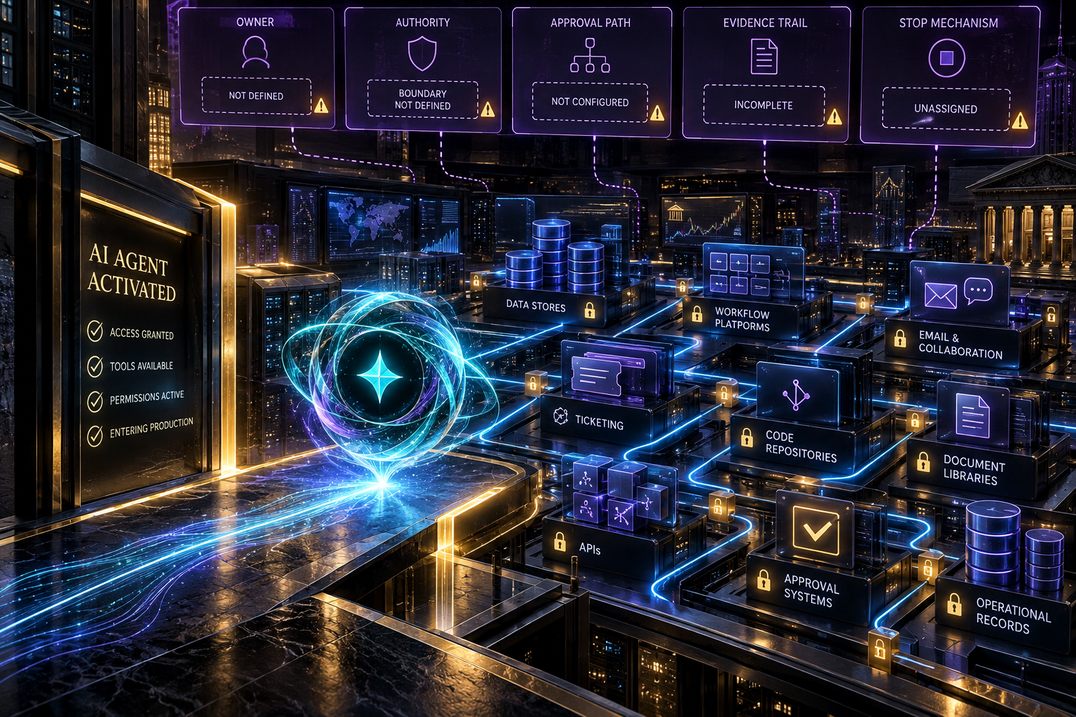 A luminous enterprise agent operating layer where each AI agent carries a defined purpose, accountable owner, scoped authority, approved tools, evidence trail, and retirement date.