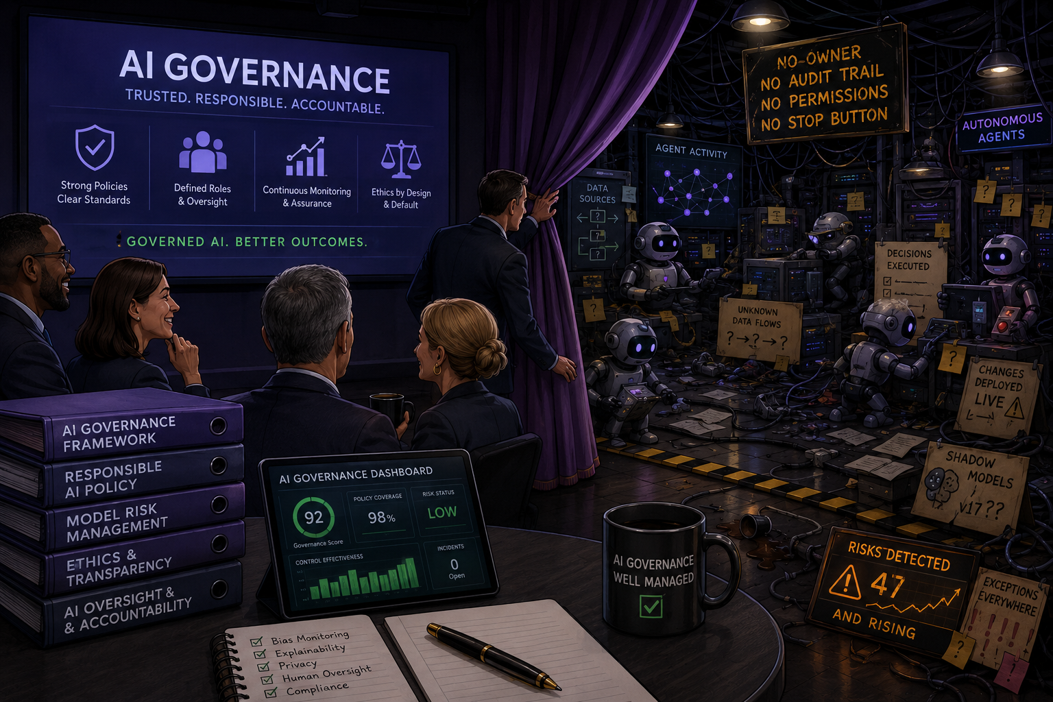 AI governance theater with policy binders and green dashboards while autonomous agents operate behind the curtain.