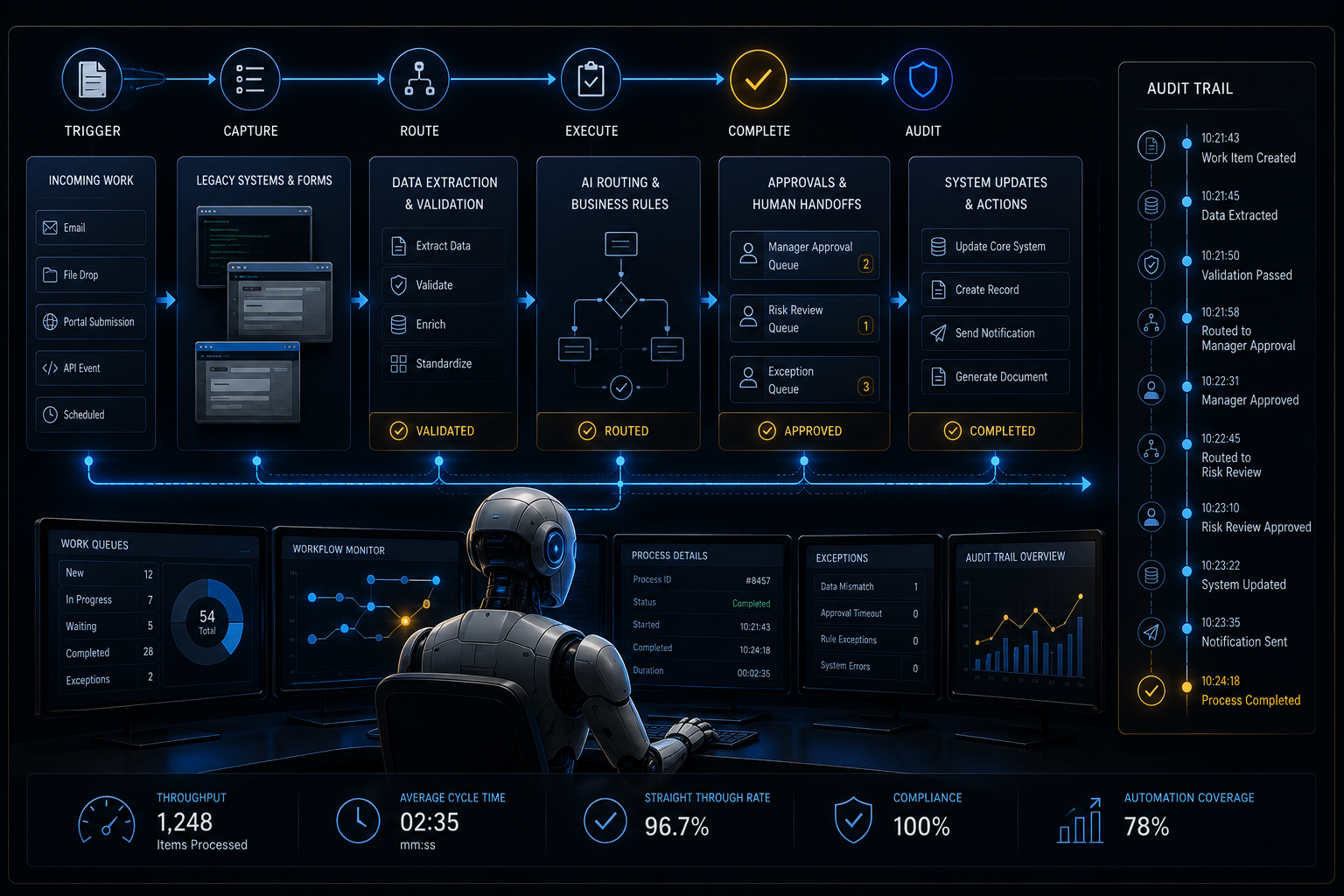 RPA and workflow visual placeholder: dark premium visual showing a workflow robot moving structured tasks across legacy screens, forms, approvals, and queues.