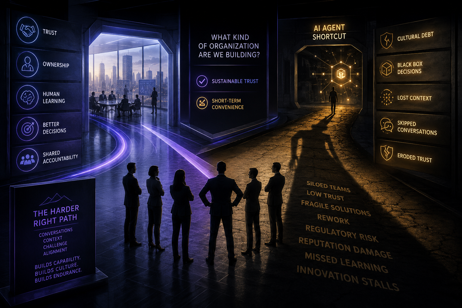 Human-centered visual showing employees and leaders working through difficult decisions while an agent shortcut casts a long shadow labeled cultural debt.