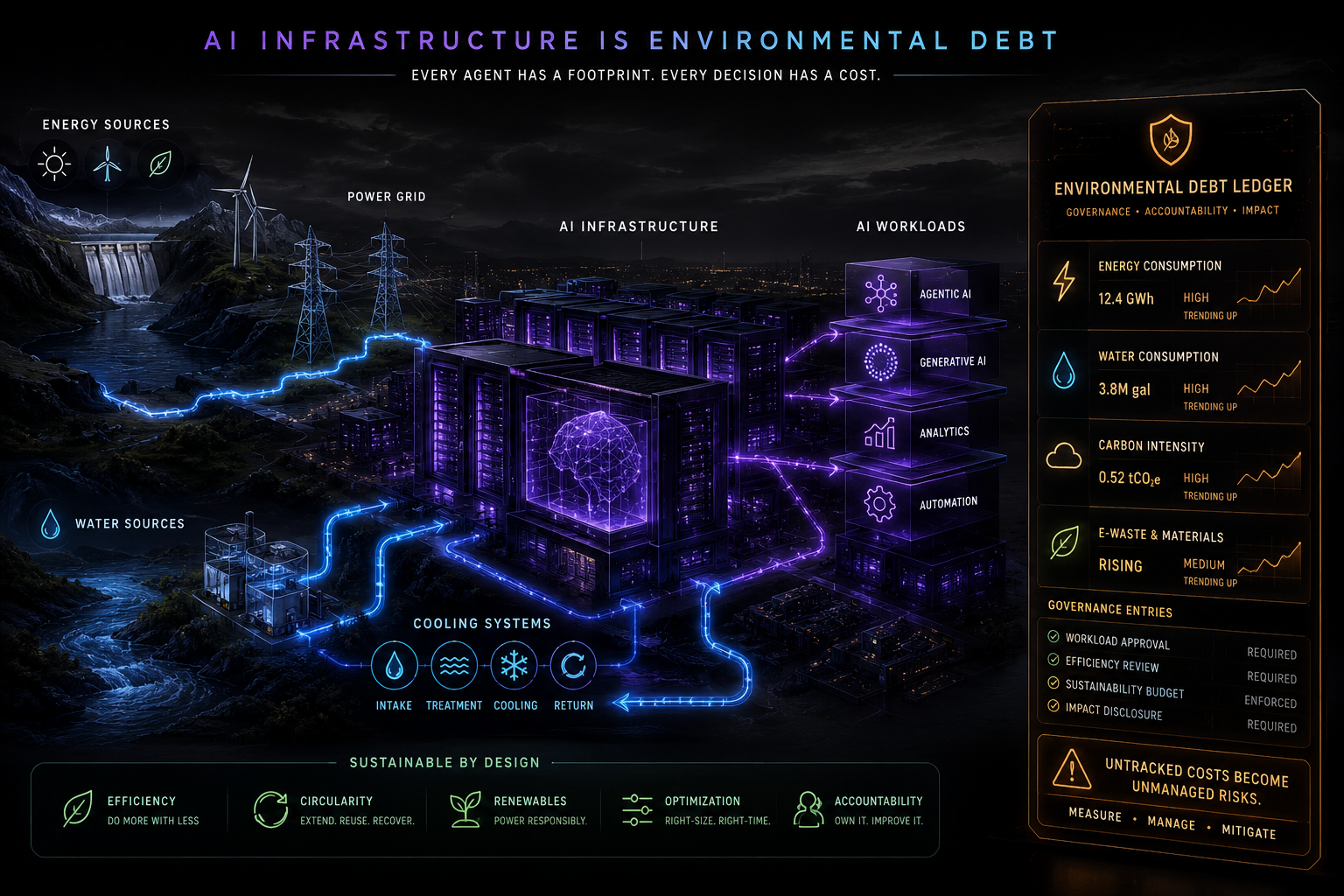 Dark executive visual showing AI data centers, energy grids, water systems, and automation workloads connected to an environmental debt ledger.