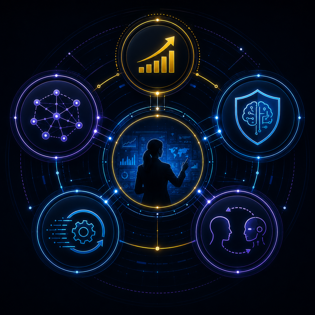 Five jobs visual placeholder: five connected leadership jobs around a central orchestrator: business outcomes, decision system, trustable AI, organizational drag reduction, and human-AI adoption.
