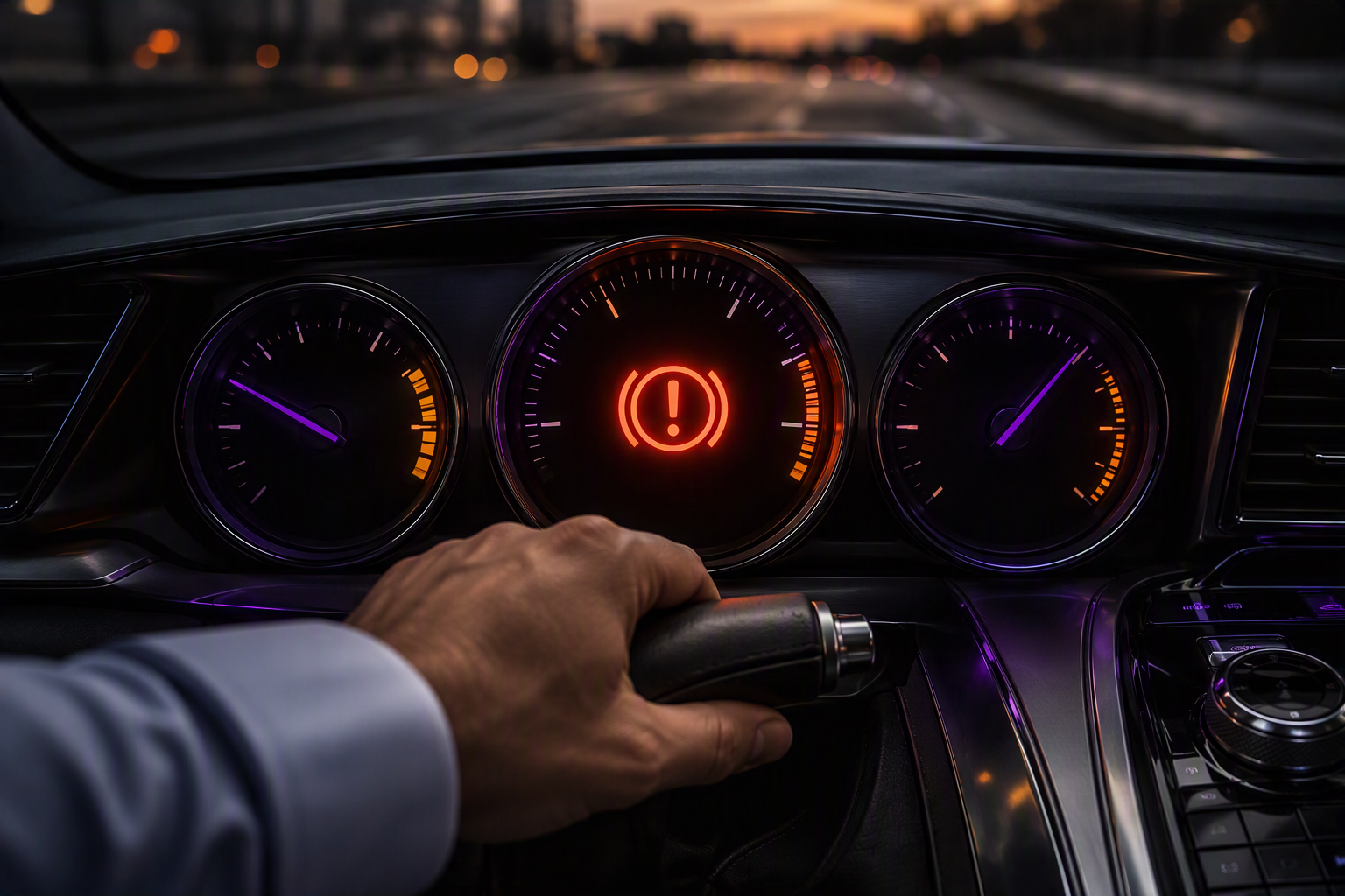 A dashboard close-up of an enterprise cockpit with a glowing red parking-brake warning light, surrounded by delivery gauges showing decision latency, pending approvals, and evidence freshness, with a hand reaching to release the brake.