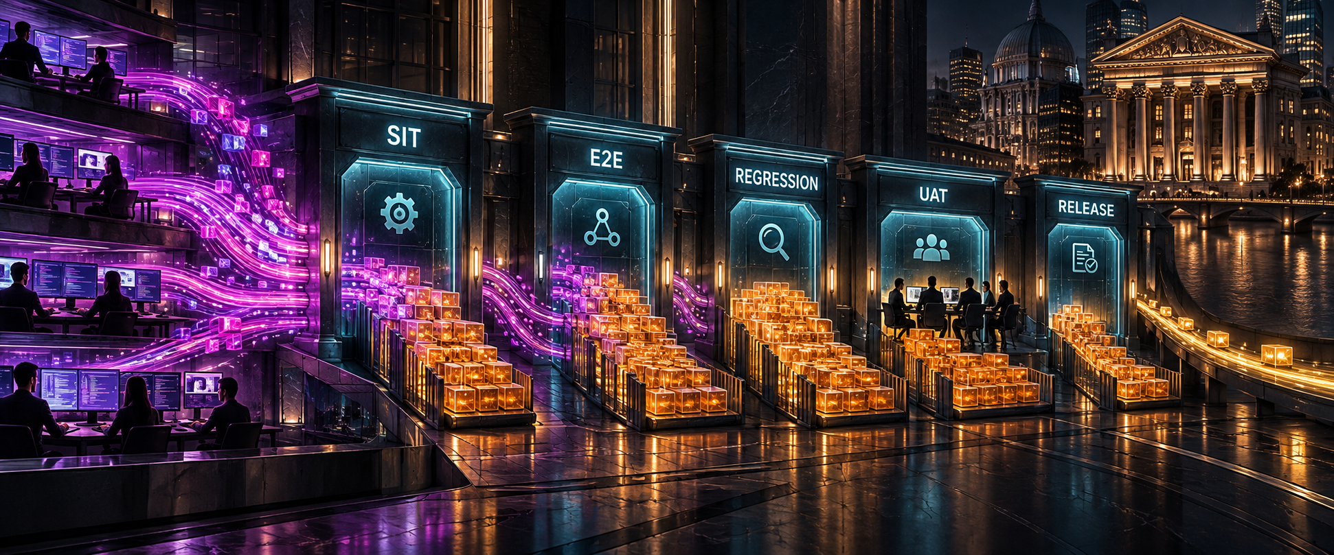 A Financial Services delivery gauntlet where AI-accelerated development output arrives at a fixed sequence of integrated testing stages, shared test environments, UAT, and release governance, with work stacking up in front of each gate.