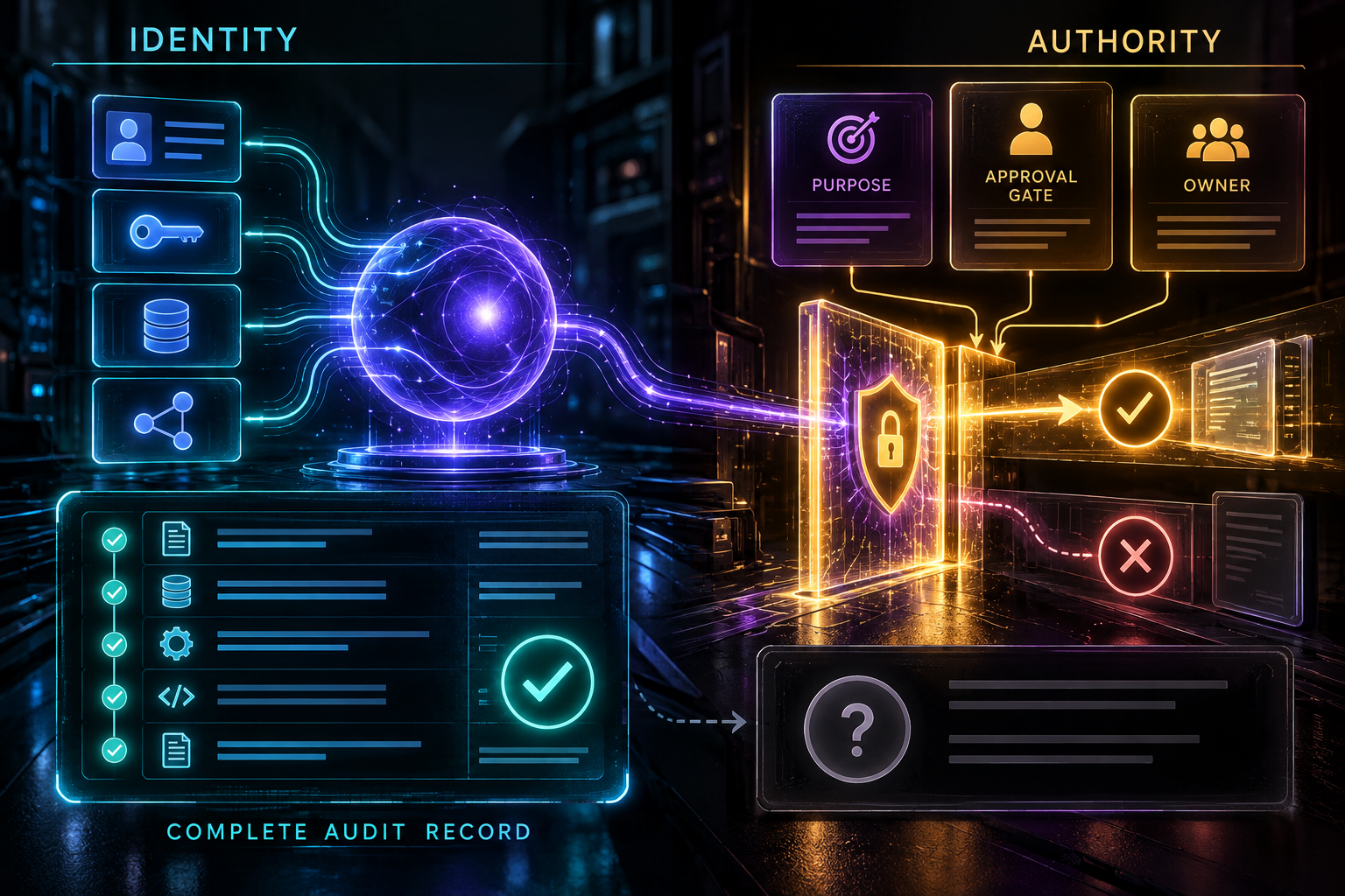 A comparison showing agent identity answering which agent acted, while the job description answers whether the agent should have acted at all.