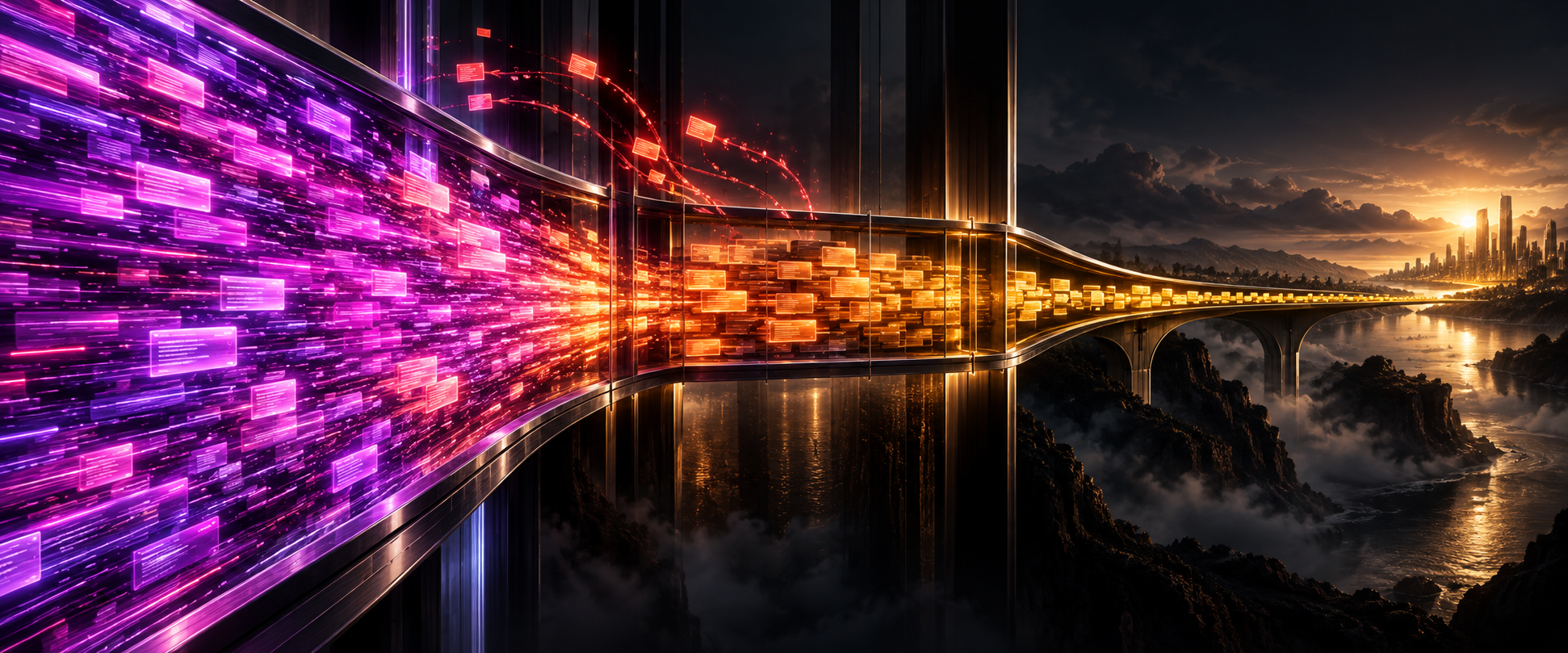 A wide delivery pipeline where a flood of AI-generated code pours in at the development end, piles up into a dense queue at review and testing, and narrows to a thin trickle of changes reaching production.