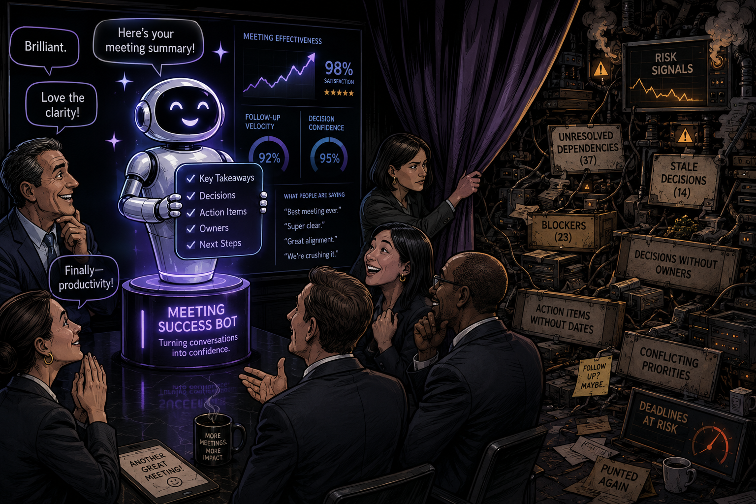 Executives admiring a meeting-summary bot while hidden risk signals pile up behind them.