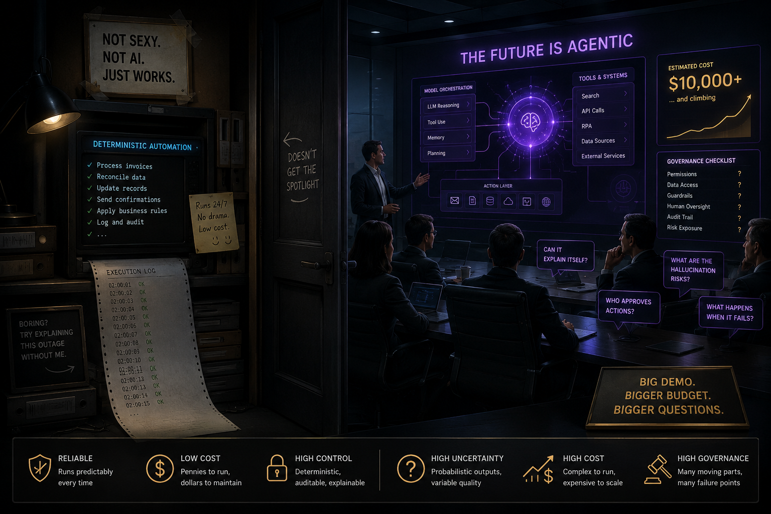 Satirical visual: a humble script quietly fixing enterprise problems while expensive agentic AI theater fills a conference room.