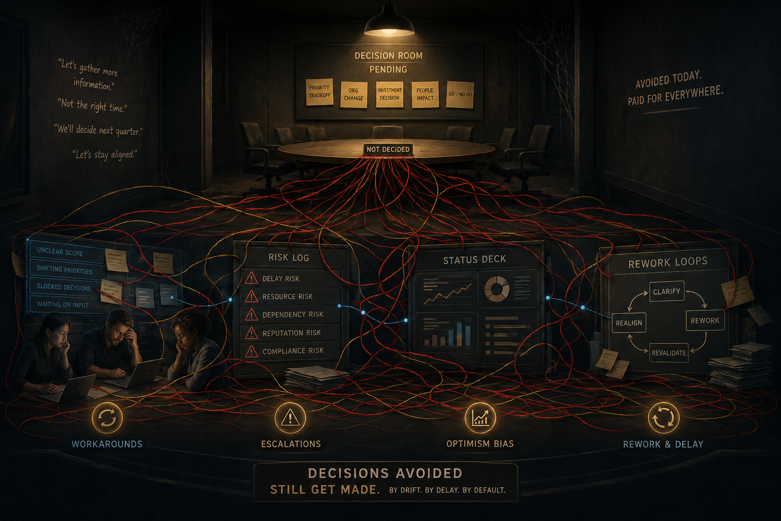 Visual: abandoned executive decision room where unresolved decisions become tangled threads running into delivery teams, risk logs, status decks, and rework loops.